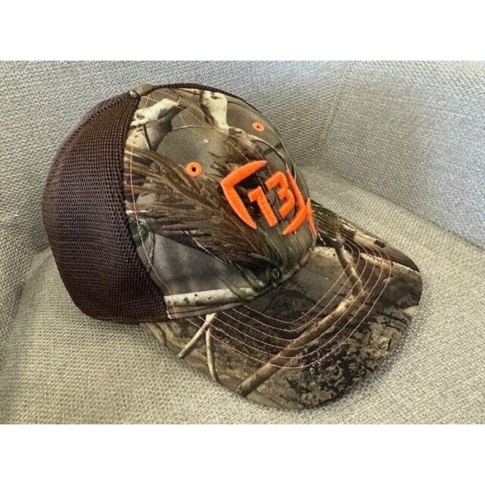13 Fishing Orange Logo Snapback Hat Camo Make Your Own Luck Brown Mesh L XL Larg